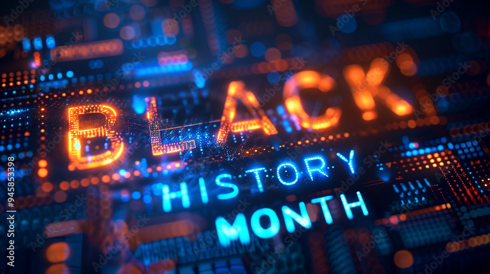 Fototapeta premium Neon, digital-themed 'Black History Month' sign with circuit patterns.