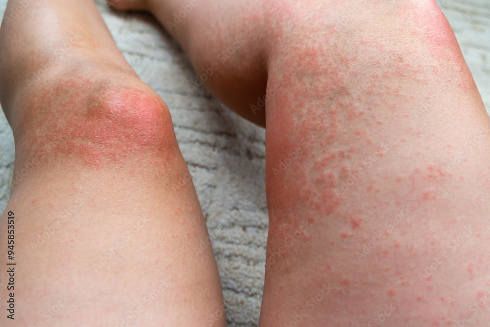 Allergic rash on the leg. Photodermatitis. Allergy to the sun, ultraviolet. Allergic rash on the leg. Photodermatitis. Allergy to the sun, ultraviolet.