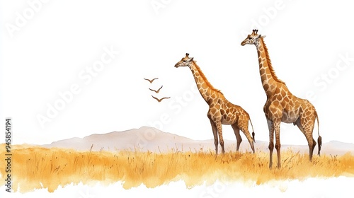 A serene watercolor painting depicting two graceful giraffes standing in a golden savanna landscape. The giraffes are silhouetted against a clear blue sky, creating a sense of peace and tranquility. T