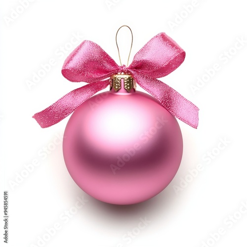 Pink Christmas ball adorned with ribbon and bow, isolated against a white background for decoration