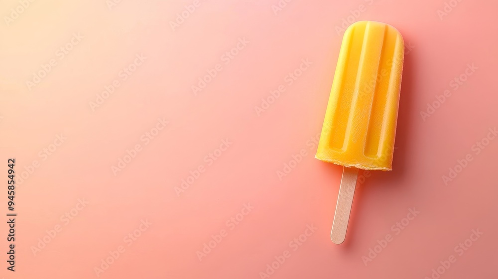 A single, vibrant yellow popsicle with a wooden stick stands upright on a pastel pink background. The popsicle is a symbol of summer, refreshment, and sweet treats. The bright colors and simple compos A single, vibrant yellow popsicle with a wooden stick stands upright on a pastel pink background. The popsicle is a symbol of summer, refreshment, and sweet treats. The bright colors and simple compos