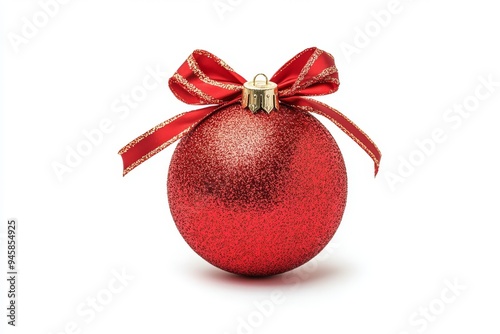 Red Christmas ball with shimmering surface and decorative ribbon bow on a white background