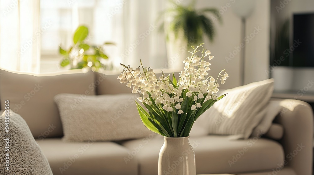 Naklejka premium Living room with a cozy, stylish interior, featuring a vase of blooming Lily of the Valley.