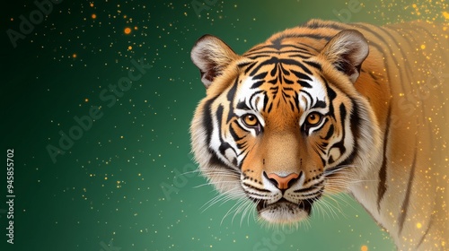 A striking  illustration of an Indian tiger's face,  in detail with a captivating gaze. The tiger is set against a green background with delicate golden sparkles, symbolizing power, grace, and the bea photo