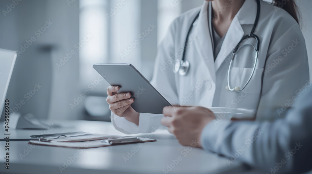 Doctor and patient using tablet to review medical data in clinic setting Doctor and patient using tablet to review medical data in clinic setting