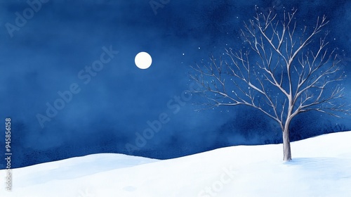 A tranquil winter scene with a single bare tree standing tall against a backdrop of deep blue night sky and snow-covered ground. The full moon illuminates the landscape, creating a sense of peace and 