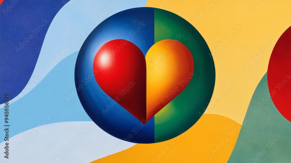 A vibrant abstract illustration depicting a bold heart shape divided in half by a vertical line, with one half red and the other yellow. The heart is placed within a circle, symbolizing unity, love, a A vibrant abstract illustration depicting a bold heart shape divided in half by a vertical line, with one half red and the other yellow. The heart is placed within a circle, symbolizing unity, love, a