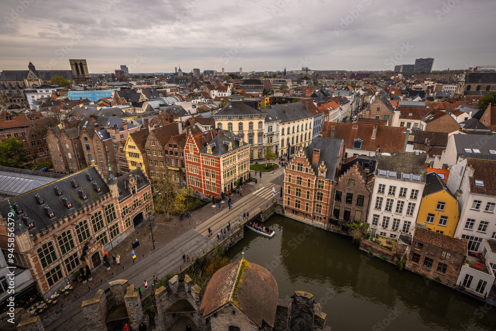Obraz premium Ghent - November 5th 2022: Panorama of the Medieval old Town of Ghent, Belgium