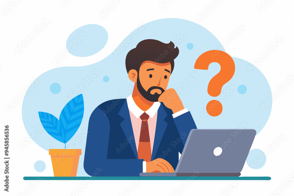 Contemplation, doubt or unsure, curiosity thinking to solve problem, question in the head, uncertainty or confusion, decision concept, businessman thinking on computer laptop with doubt question mark. Contemplation, doubt or unsure, curiosity thinking to solve problem, question in the head, uncertainty or confusion, decision concept, businessman thinking on computer laptop with doubt question mark.