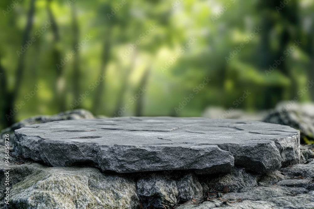 Stone podium on rock platform 3d illustration, grey rock pedestal for a product display stand, green forest and blurred on the background, natural scenery landscape , ai Stone podium on rock platform 3d illustration, grey rock pedestal for a product display stand, green forest and blurred on the background, natural scenery landscape , ai
