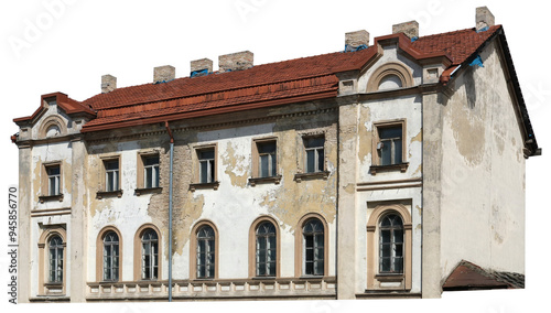 Cuadro en lienzo Destroyed  old house with  dirty windows and bricks stove pipes isolated