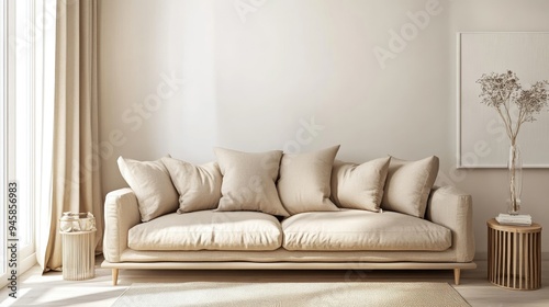 Minimalist living space featuring a beige sofa, soft pillows, and elegant furnishings, creating a warm and inviting environment.