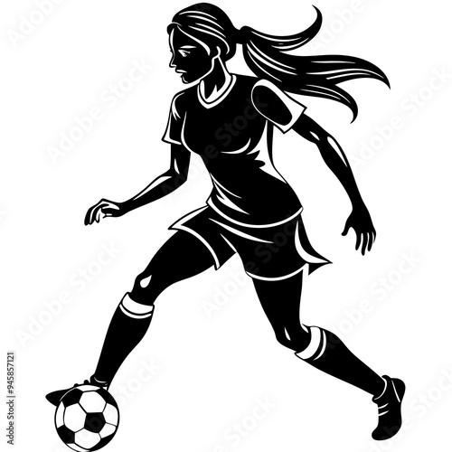 A vector silhouette of a girl playing football isolated on a white background