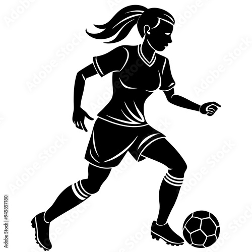 A vector silhouette of a girl playing football isolated on a white background