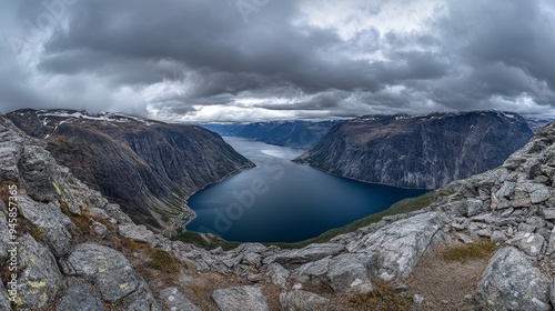 In Norway, Ringedalsvatnet lake is a spectacular scene of the white night phenomenon. This summer landscape is amazing, which depicts the beautiful summer landscape of the Norwegian travel