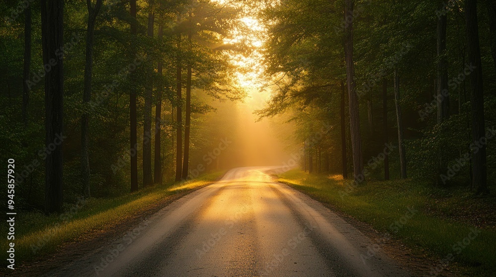 Obraz premium Morning light filters through trees on a forest road, capturing the tranquility of a sunrise.