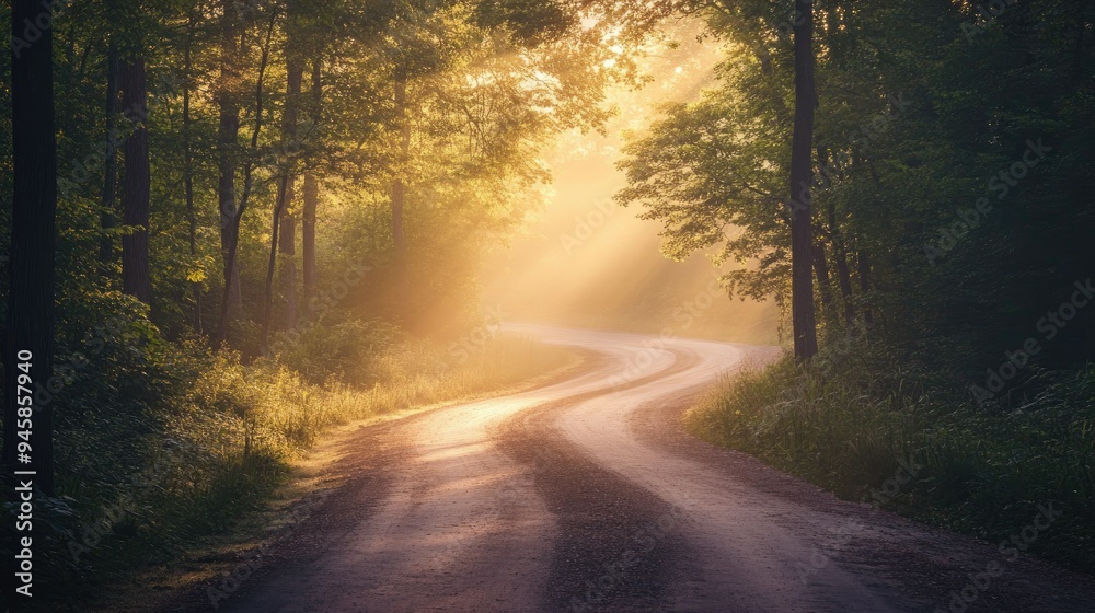 Obraz premium Morning light filters through trees on a forest road, capturing the tranquility of a sunrise.