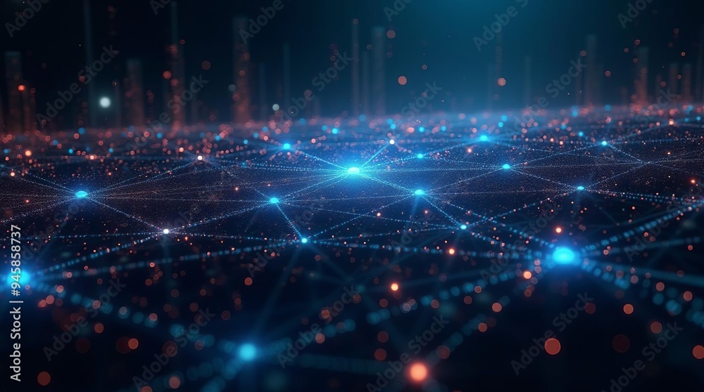 Obraz premium Smart City Network: Futuristic Urban Landscape with Interconnected Glowing Nodes Illustrating IoT and Digital Infrastructure