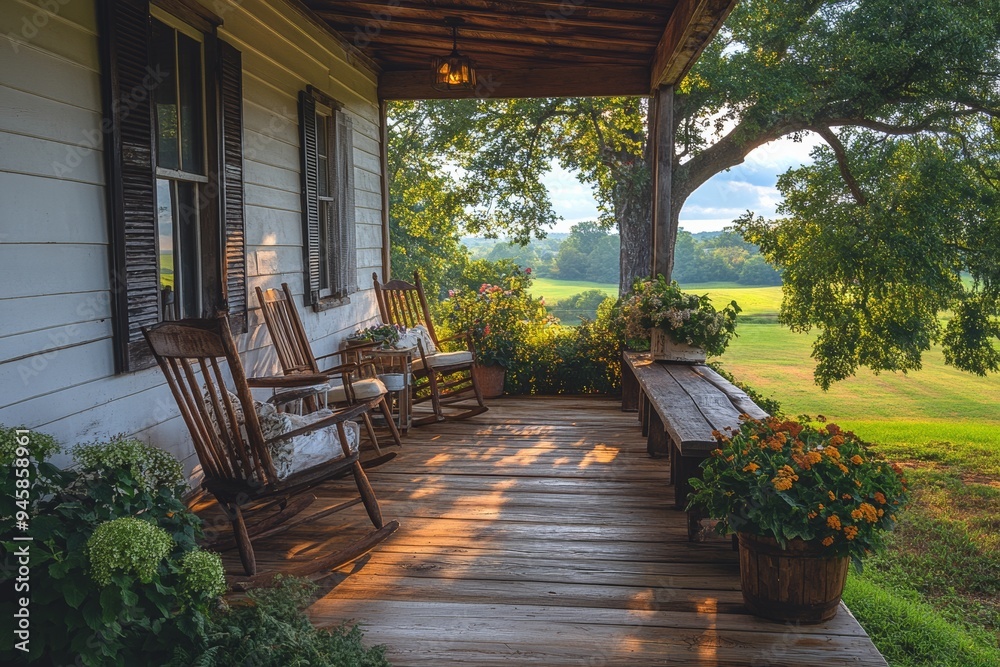 Obraz premium A cozy farmhouse porch with rustic outdoor seating. Generative AI