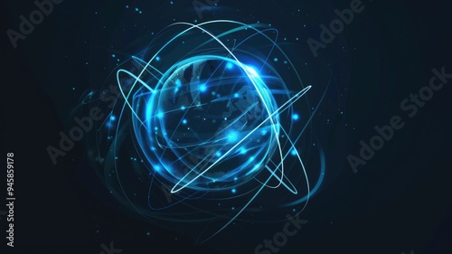 Glowing blue digital globe with connecting lines. Abstract artwork of circle shape with glowing lines and dark background. Global network and technology innovation concept. Global networking. AIG53.