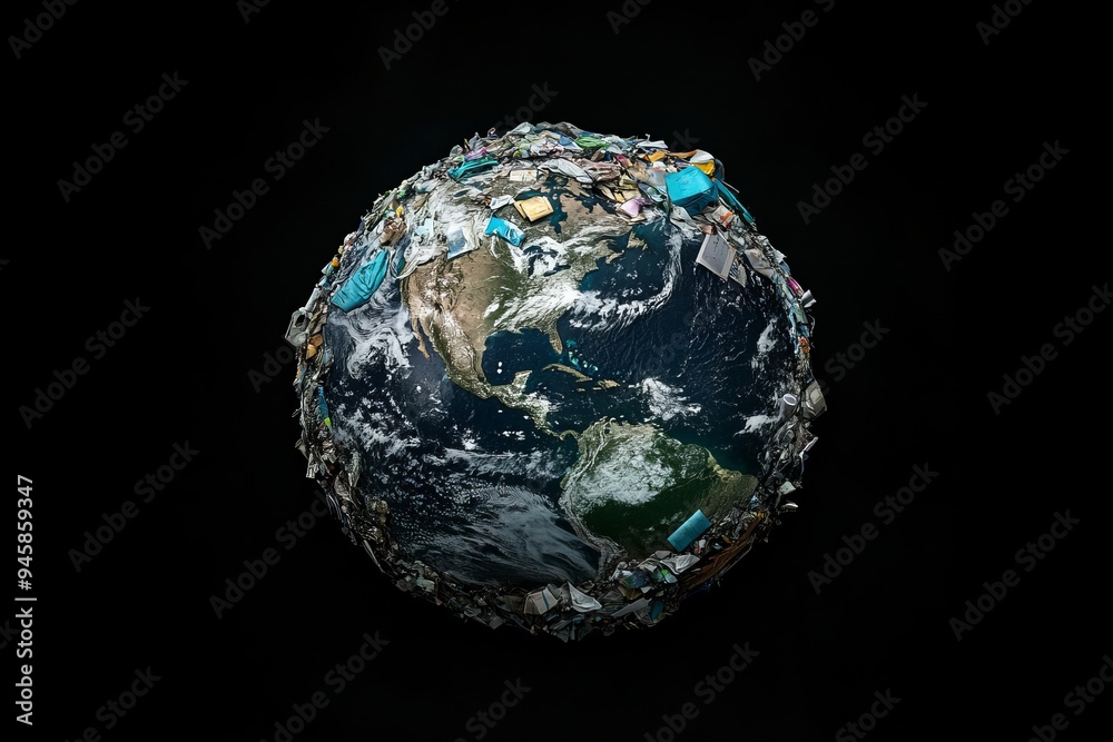 The planet is covered with garbage as seen from space, an example of excessive environmental pollution. The planet is covered with garbage as seen from space, an example of excessive environmental pollution.