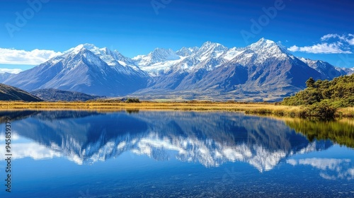 Snow-capped mountains reflected in a clear, still alpine lake under a bright blue sky.