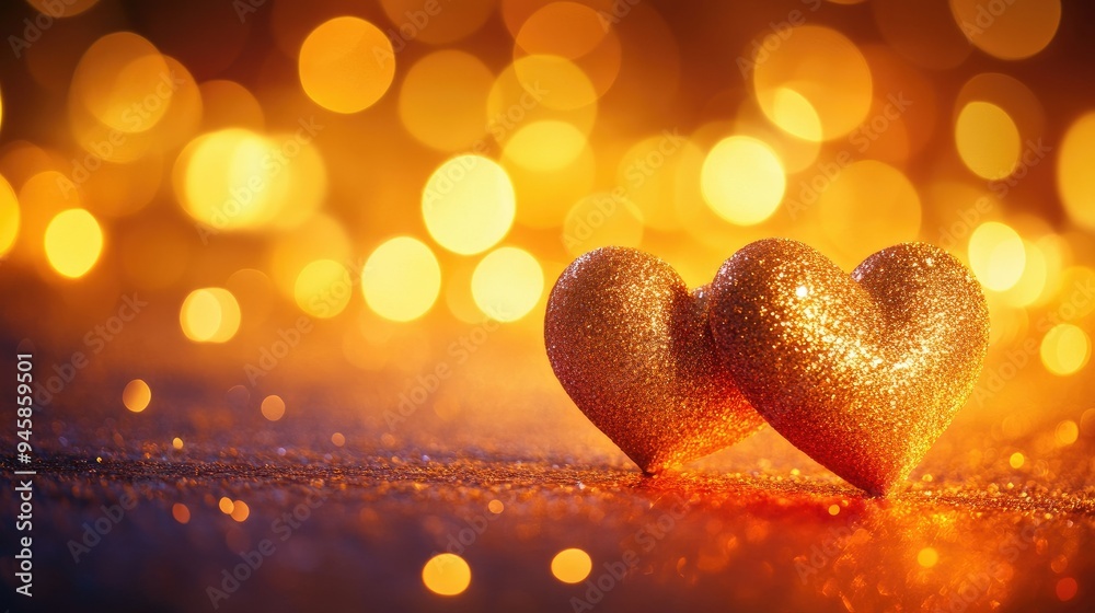 Pair of glowing golden hearts on a bright decorative backdrop, symbolizing love and connection on Valentine's Day. Pair of glowing golden hearts on a bright decorative backdrop, symbolizing love and connection on Valentine's Day.
