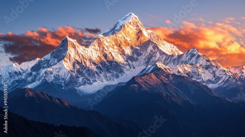 Snow-capped peaks of a mountain range under a vibrant sunrise, casting golden light on the snow.