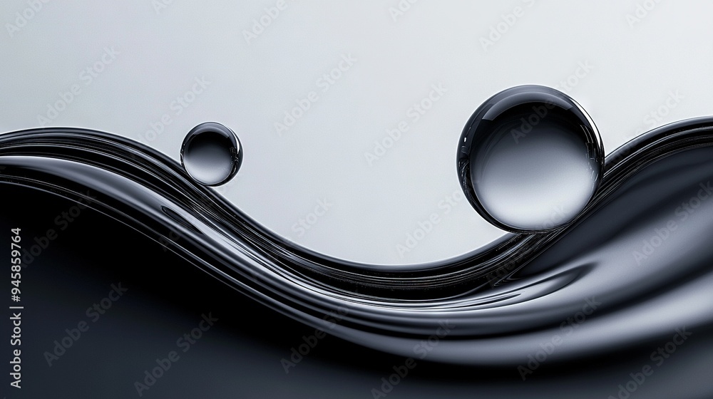 Obraz premium Group of water droplets floats on black-white liquid surface, with a single drop atop the bottom