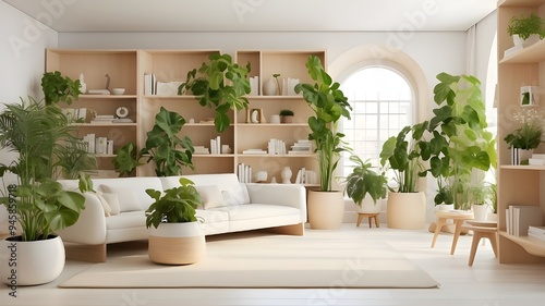 Indoor plants, a white interior, light wood bookcases, and upturned hardback books are all examples of biophilic design. photo