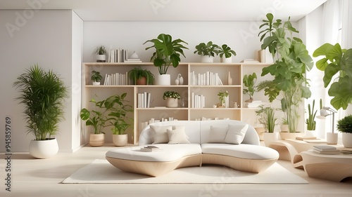 Indoor plants, a white interior, light wood bookcases, and upturned hardback books are all examples of biophilic design. photo