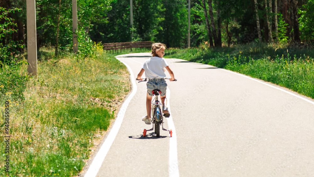 Fototapeta premium Child riding a bike in summer park. Children learning to drive a bicycle on a driveway outside. Kid riding bike. Child on bicycle, bike outdoor.