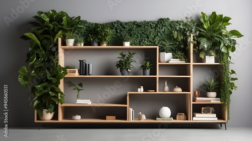 A modern, plant-adorned bookshelf that may be printed in large format to improve a back wall or used as a contemporary decorative feature for studio settings or virtual office backdrops.  photo