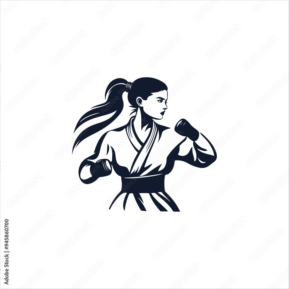 Fototapeta premium Karate inscription and silhouettes of two athletes kicking