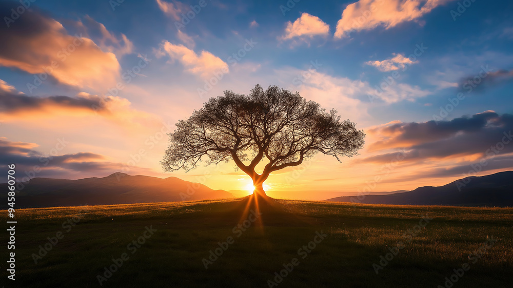 A solitary tree stands tall against a backdrop of a stunning sunset, casting long shadows on the grassy field. A solitary tree stands tall against a backdrop of a stunning sunset, casting long shadows on the grassy field.