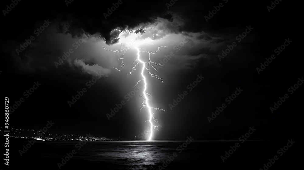 A striking lightning bolt over a coastal city at night.