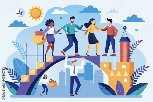 Business Team Collaborating to Construct a Bridge, Symbolizing Solutions and Teamwork for Shared Success, Professionals Working Together to Connect Paths.