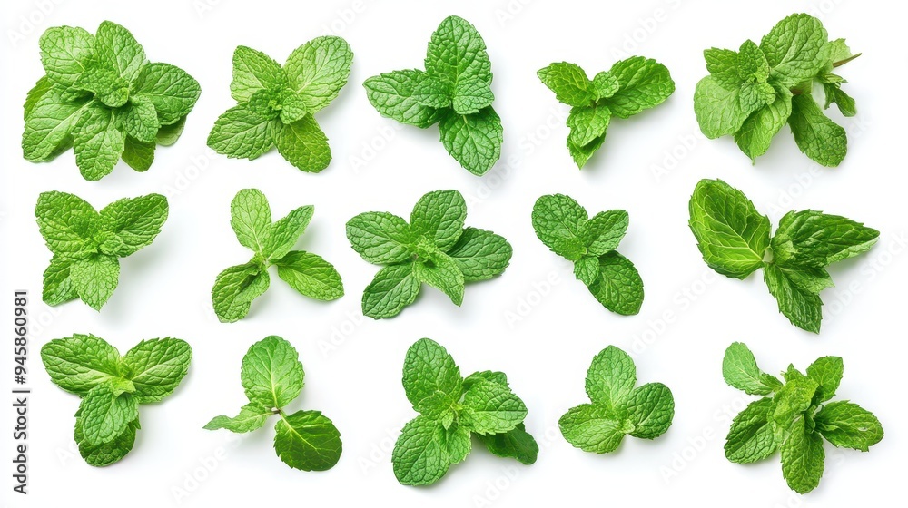 A collection of fresh mint leaves arranged on a white background. A collection of fresh mint leaves arranged on a white background.