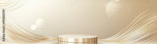 Empty golden round product display podium on a soft wavy lines background 
