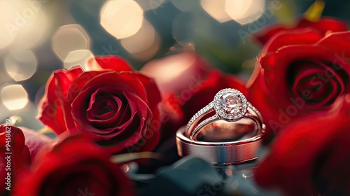 Romantic display of wedding rings with roses, highlighting the elegance and beauty of a wedding day. photo