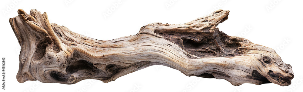 Driftwood branch with natural weathered texture, isolated on transparent cutout background