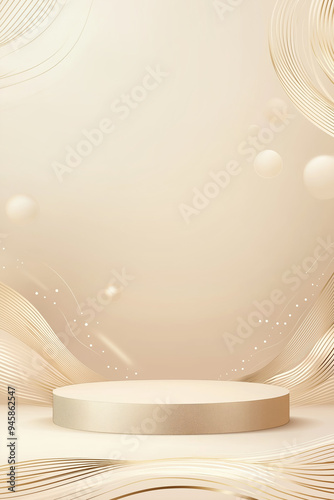 Empty golden round product display podium on a soft wavy lines background 