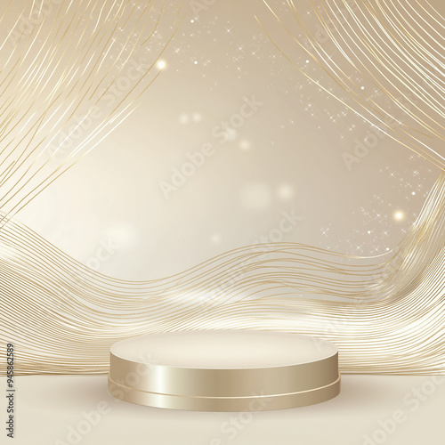 Empty golden round product display podium on a soft wavy lines background 
