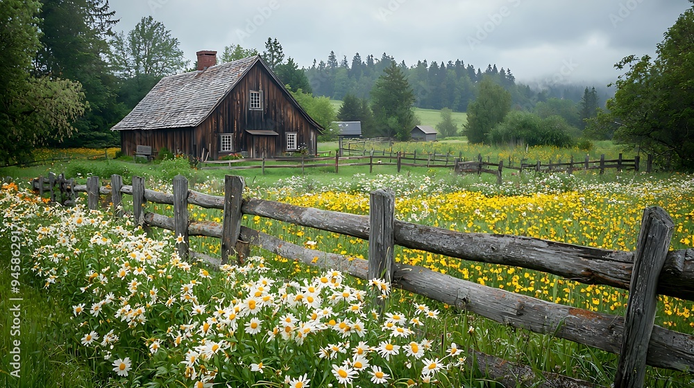 A rustic wooden fence adorned with daisies and yellow wildflowers in front of an old country house. A rustic wooden fence adorned with daisies and yellow wildflowers in front of an old country house.