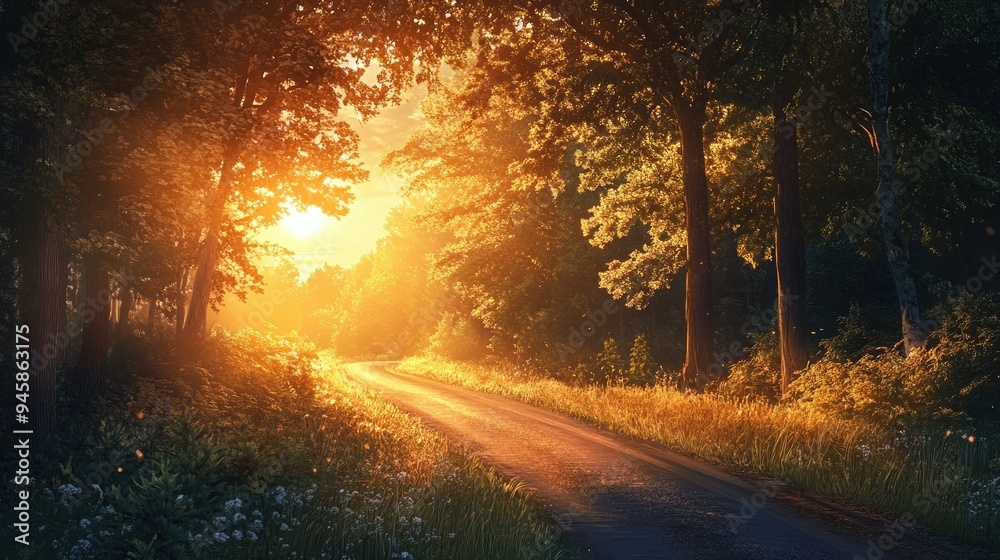 Serene sunrise over a beautiful forest road, bathed in warm light, inviting a peaceful journey. Serene sunrise over a beautiful forest road, bathed in warm light, inviting a peaceful journey.