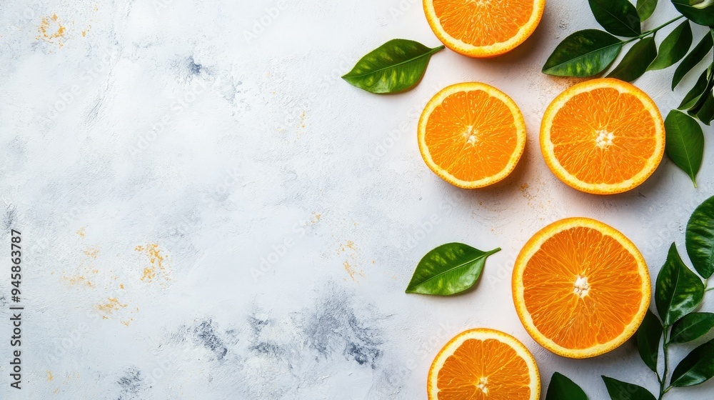 Simple orange and leaf design on a minimalist background, ideal for fresh and modern presentations with copy space. Simple orange and leaf design on a minimalist background, ideal for fresh and modern presentations with copy space.