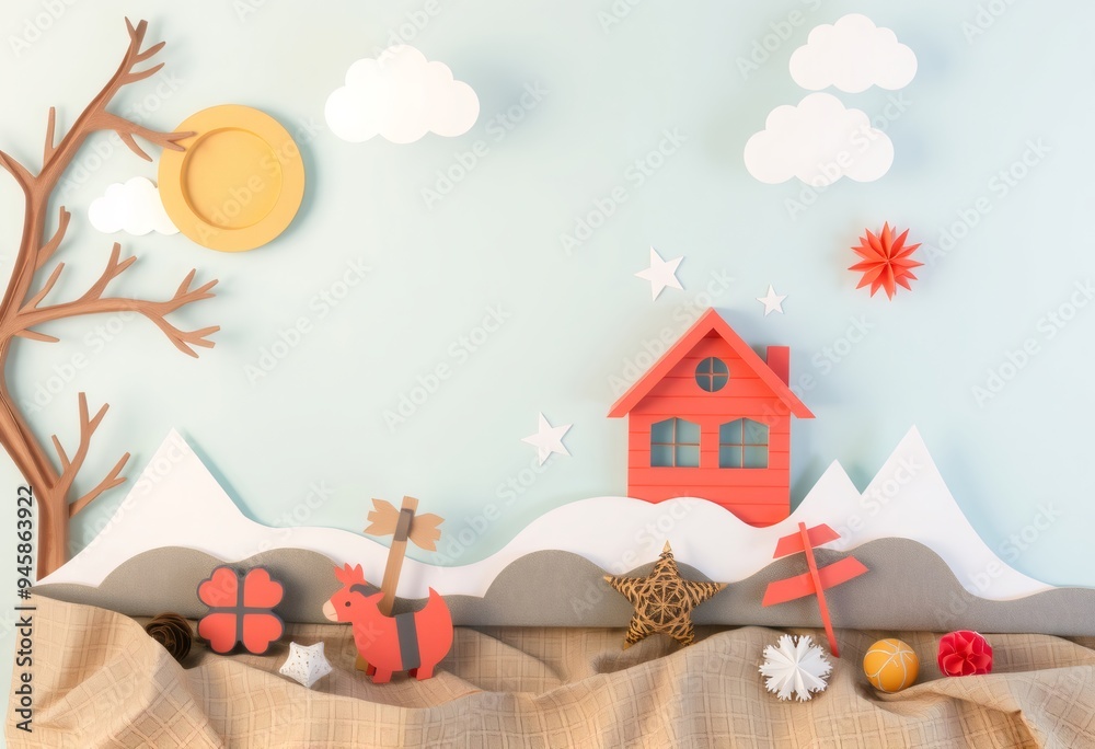 Papercraft scene with a red house, a tree, a bull, and a star. Papercraft scene with a red house, a tree, a bull, and a star.