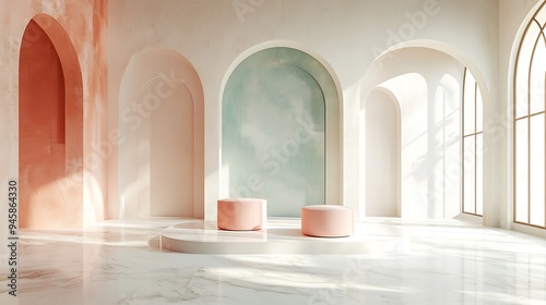 A minimalist modern interior with arched windows, a white marble floor, and pink podiums. photo