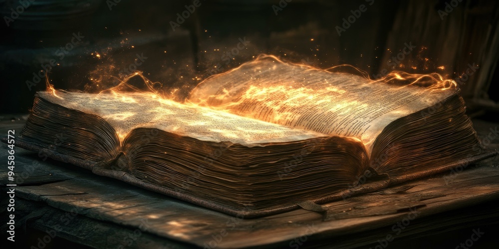 An ancient book with magical fire glowing. An ancient book with magical fire glowing.