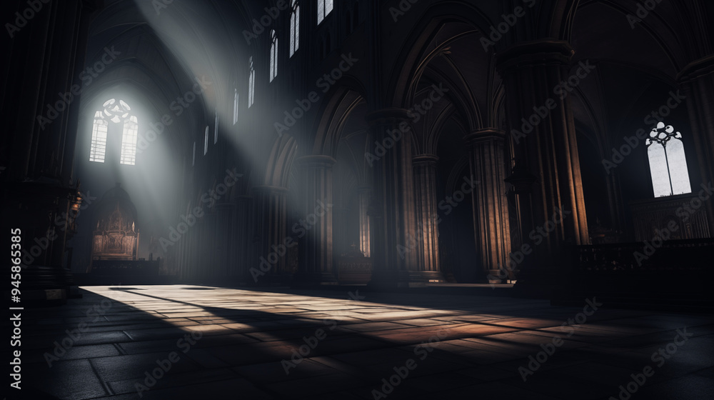 Gothic Cathedral Interior With Sunbeams And Ornate Altar Gothic Cathedral Interior With Sunbeams And Ornate Altar